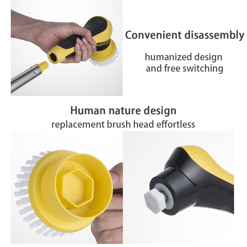 Cordless cleaning scrubber with extended reach handle for floors and walls