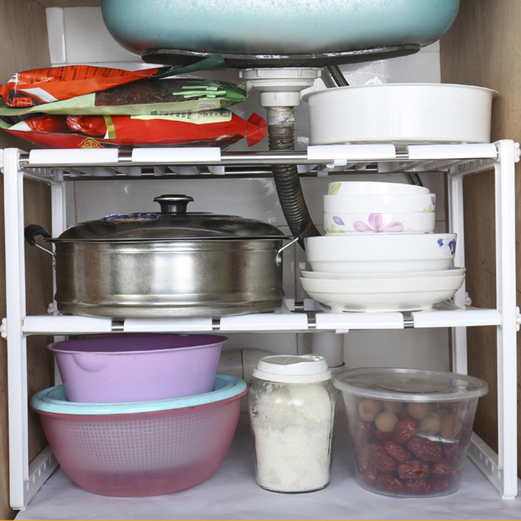 Adjustable under-sink organiser for kitchens and bathrooms